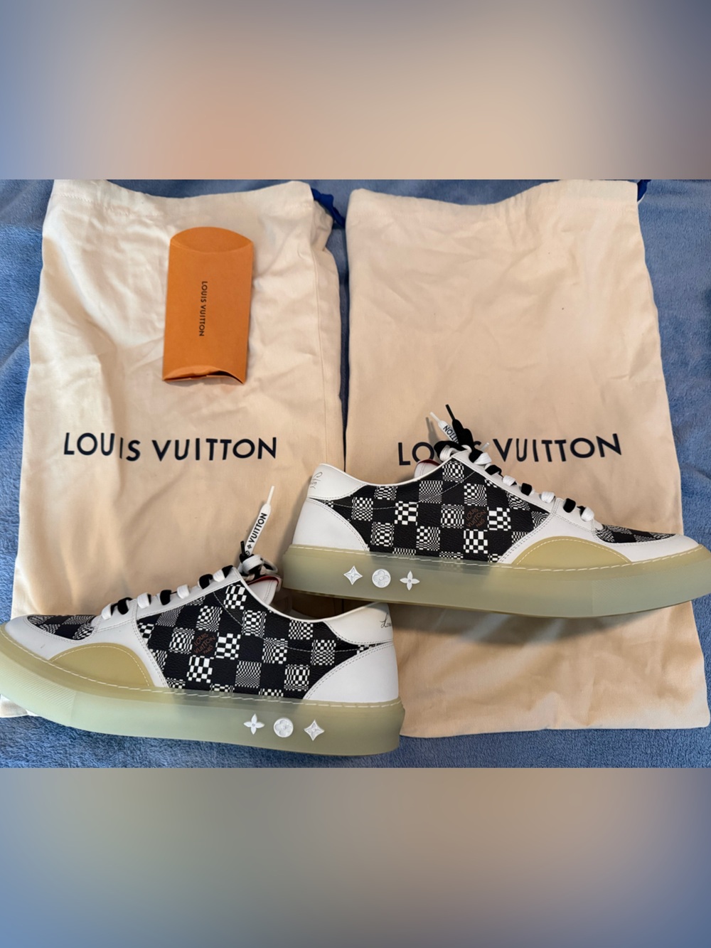Louis Vuitton Black White Checkerboard Sneakers with clear Sole us 14